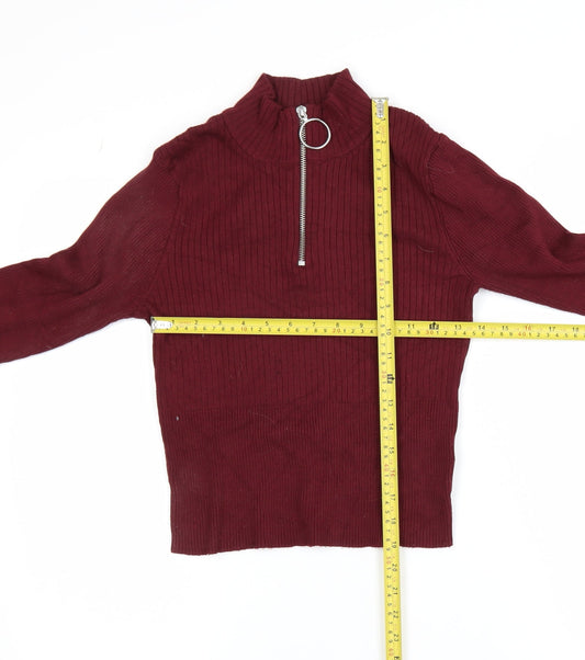 H&M Divided Women's Red Cropped Zip High Neck Long Sleeve Top Size 8