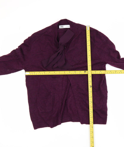 ZARA Women's Purple Bow Neck Cardigan Size 12 Long Sleeve Knit