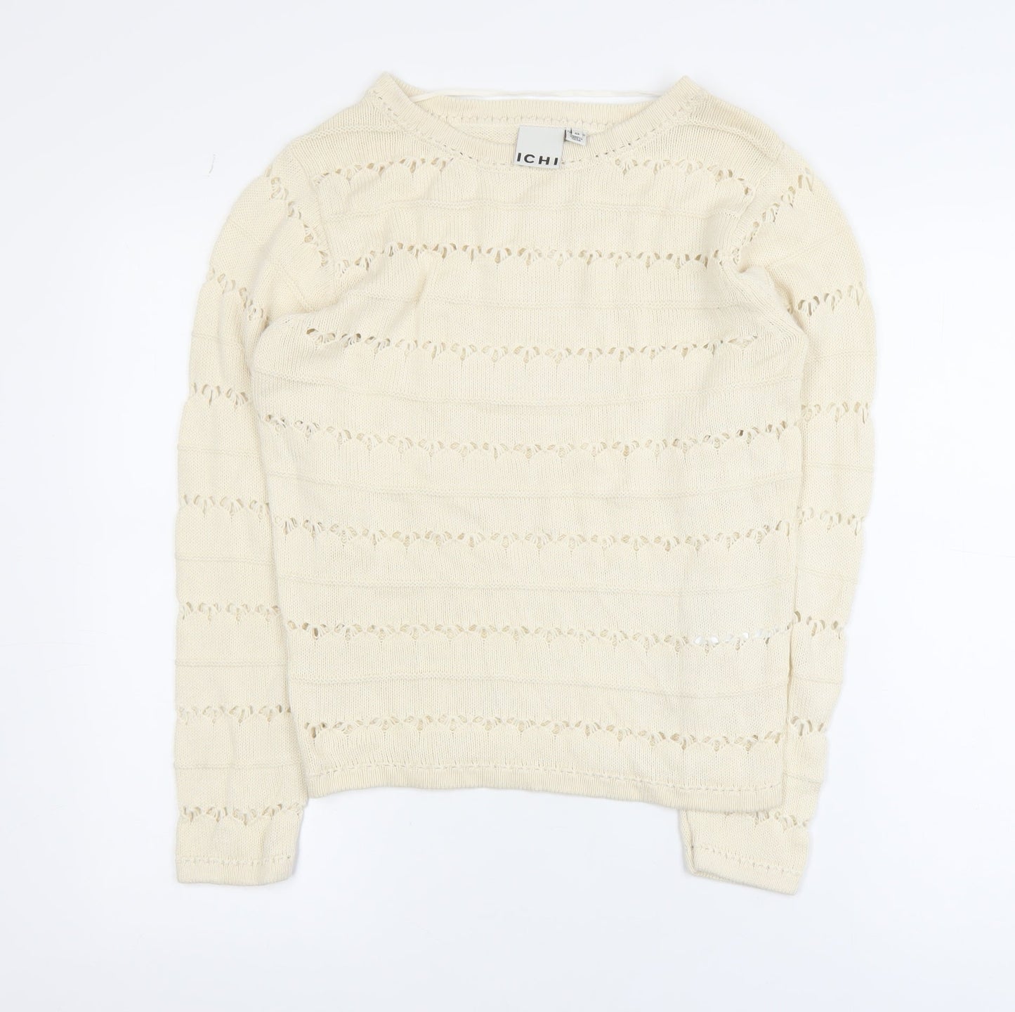 ICHI Women's Beige Open-Knit Cotton Jumper XS Lightweight Pullover