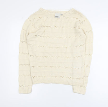 ICHI Women's Beige Open-Knit Cotton Jumper XS Lightweight Pullover