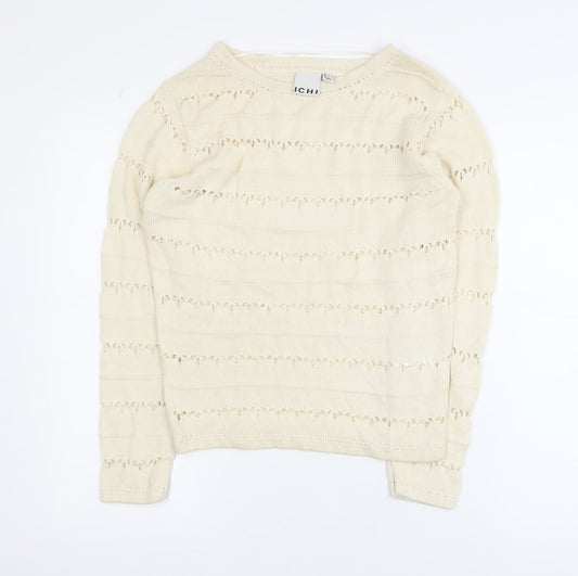 ICHI Women's Beige Open-Knit Cotton Jumper XS Lightweight Pullover