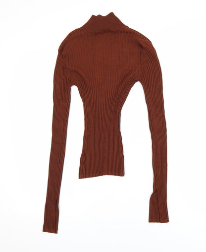 Threadbare Women Brown Roll Neck Tall Slim Fit Rib Knit Top Size 6