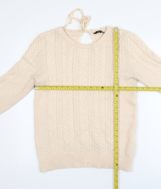 Zara Women Beige Cable-Knit Crew Neck Pullover Jumper Size L