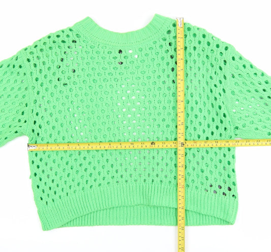 H&M Women Green Open-Knit Acrylic Pullover Jumper Size 12