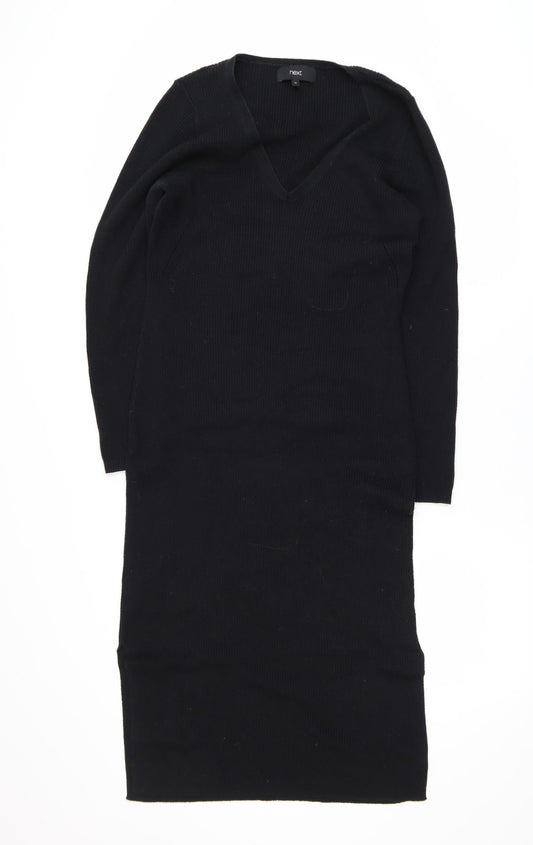 Next Women’s Black Knit Bodycon V-Neck Long Sleeve Dress Size 14