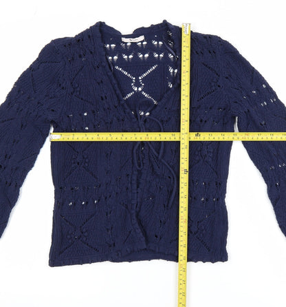 Tu Women Blue Crochet Knit Long Sleeve V-Neck Cardigan Size 8