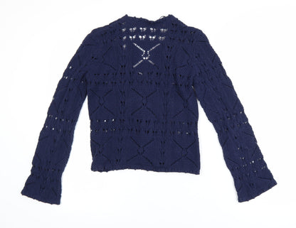 Tu Women Blue Crochet Knit Long Sleeve V-Neck Cardigan Size 8