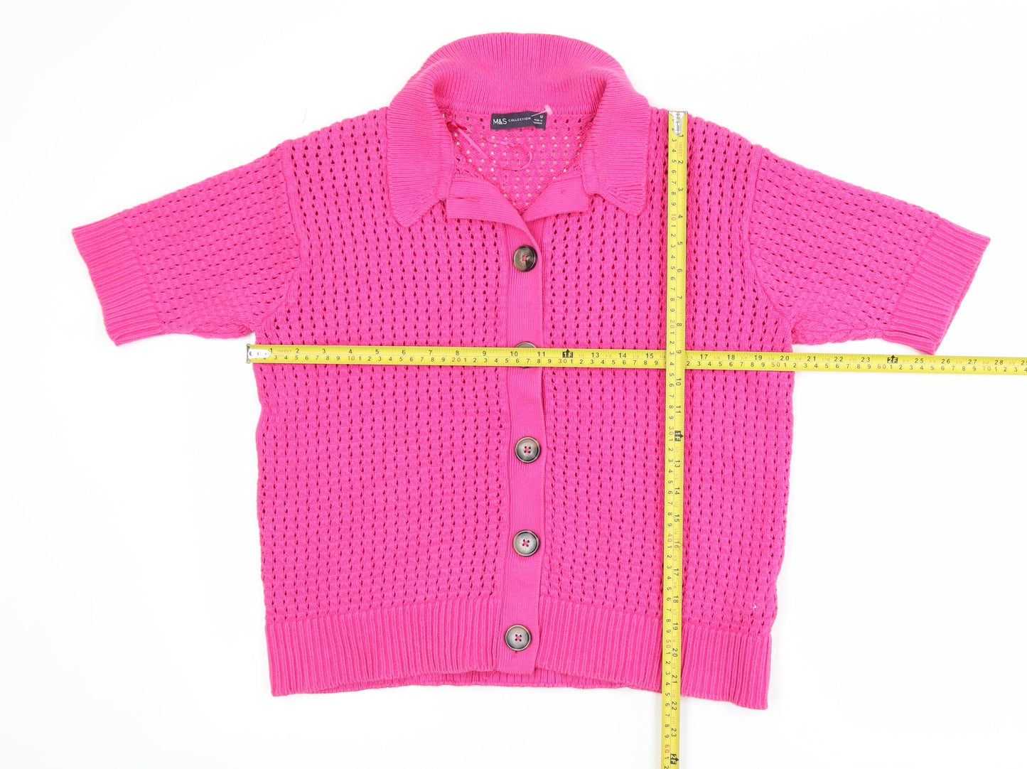 Marks and Spencer Women’s Pink Short Sleeve Collared Cotton Cardigan Size 12
