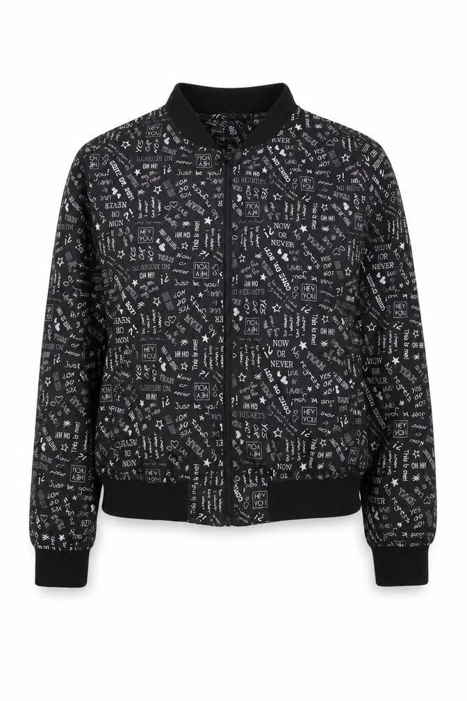 Flame Womens Black Printed Bomber Jacket Size 14 Polyester Zip Up