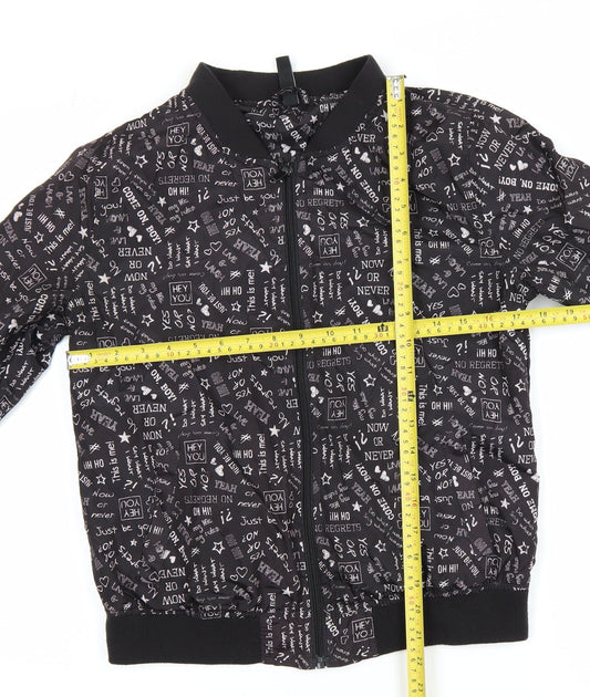 Flame Womens Black Printed Bomber Jacket Size 14 Polyester Zip Up