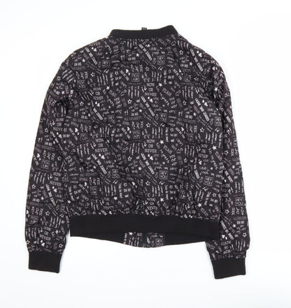 Flame Womens Black Printed Bomber Jacket Size 14 Polyester Zip Up