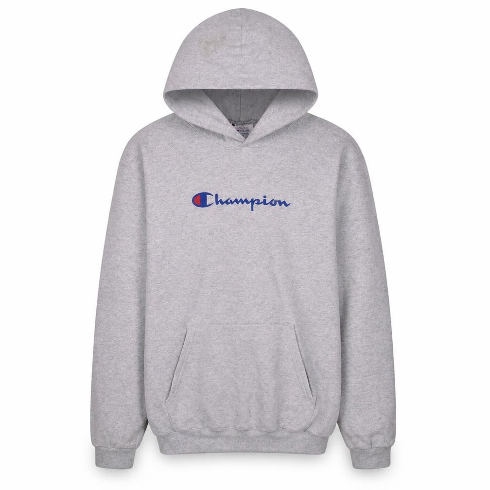 Front view of Champion boys’ grey pullover hoodie yxl fleece cotton blend logo sweatshirt