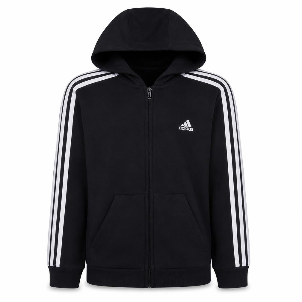 Front view of Adidas boys’ black full zip hoodie, size S, 8-10 with logo detail