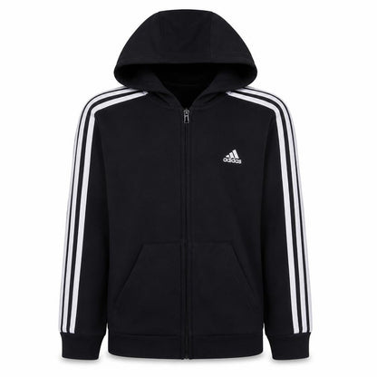 Front view of Adidas boys’ black full zip hoodie, size S, 8-10 with logo detail