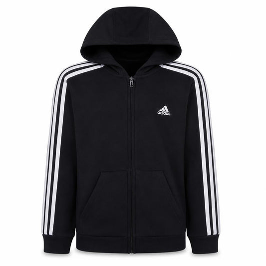 Front view of Adidas boys’ black full zip hoodie, size S, 8-10 with logo detail