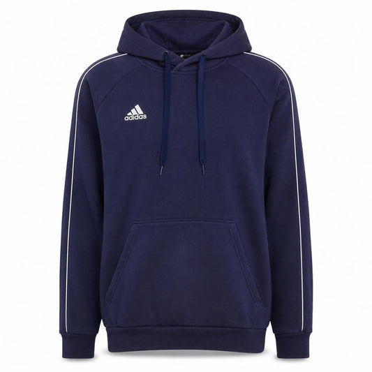 Front view of Adidas Men's Blue XL Pullover Hoodie with Logo and Pockets