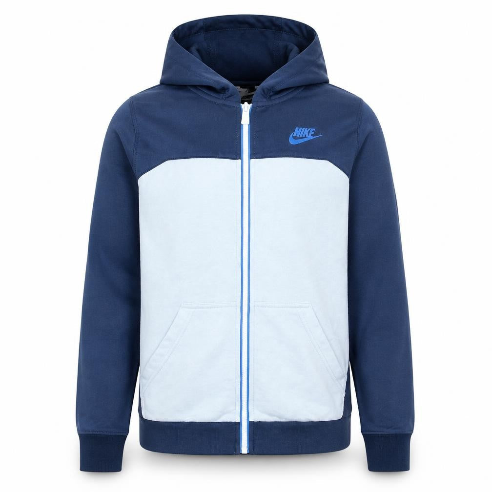 Front view of Nike boys’ blue full zip hoodie xl 158-170cm colourblock fleece sweatshirt