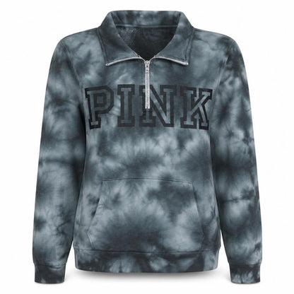 Victoria’s Secret PINK Girls Grey Tie-Dye 1/2 Zip Fleece Sweatshirt Size L