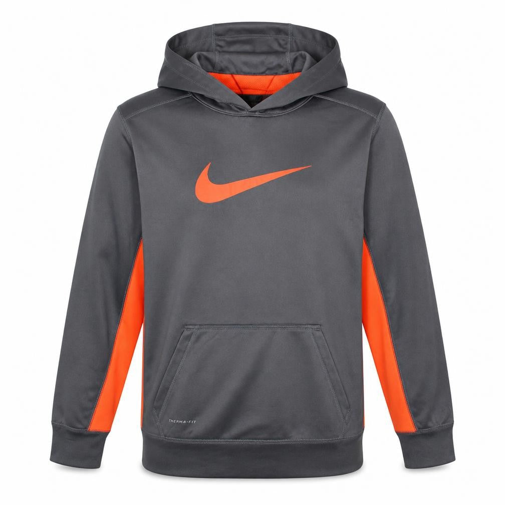Front view of Nike boys’ grey orange therma-fit pullover hoodie xl polyester fleece