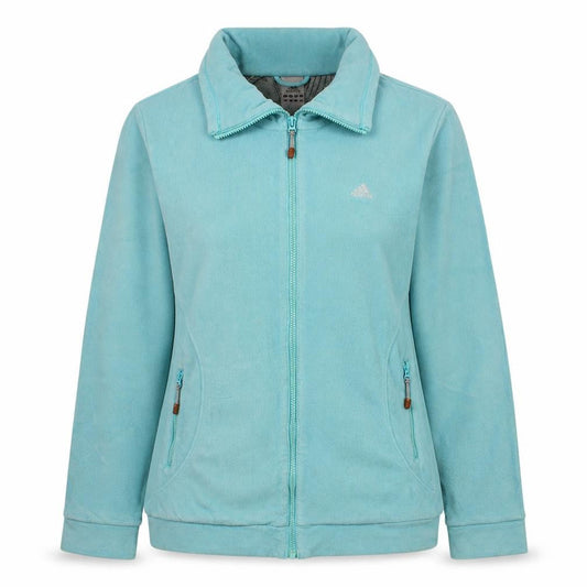 Front view of Adidas women’s blue fleece full zip jacket, size UK 14