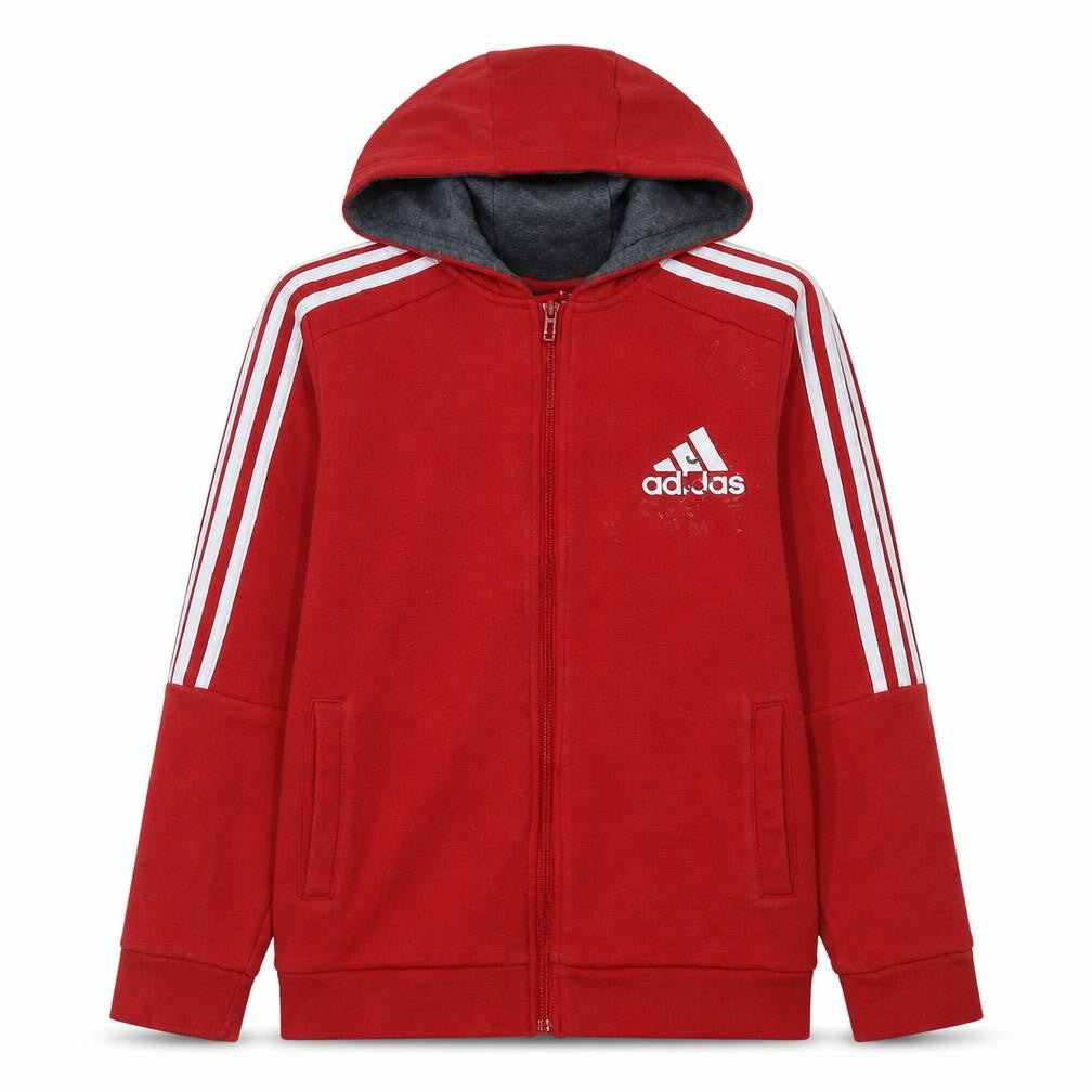 Front view of Adidas boys’ red full zip hoodie 13-14 years classic sportswear