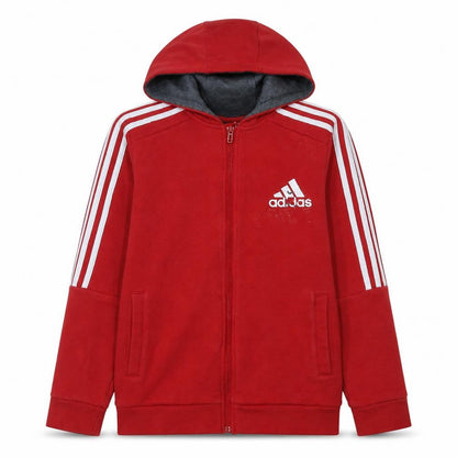 Front view of Adidas boys’ red full zip hoodie 13-14 years classic sportswear