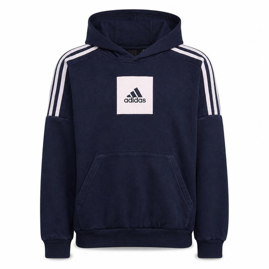 Front view of Adidas boys’ blue pullover hoodie 13-14 years hooded fleece sweatshirt