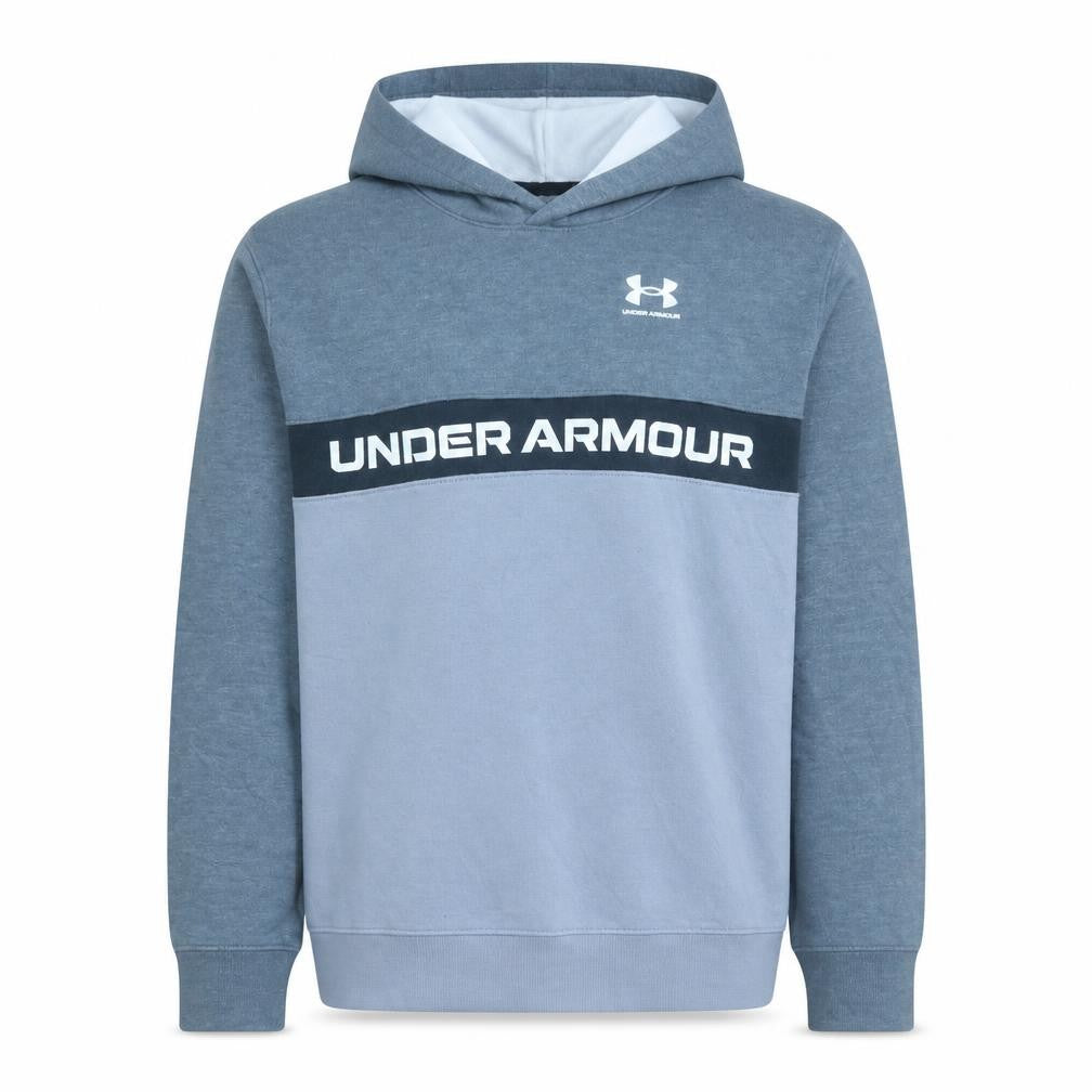 Front view of Under Armour boys’ blue pullover hoodie xl colourblock logo fleece
