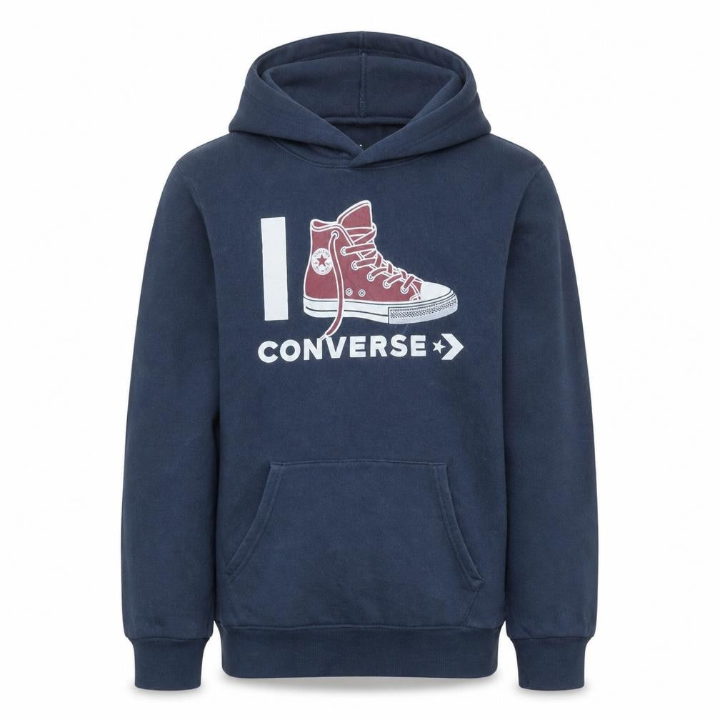Front view of Converse boys’ blue xl pullover hoodie with graphic print and hooded pocket