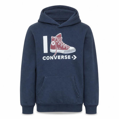 Front view of Converse boys’ blue xl pullover hoodie with graphic print and hooded pocket
