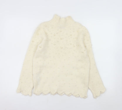 ZARA Women's Ivory Beaded Mock Neck Knit Jumper Size 12