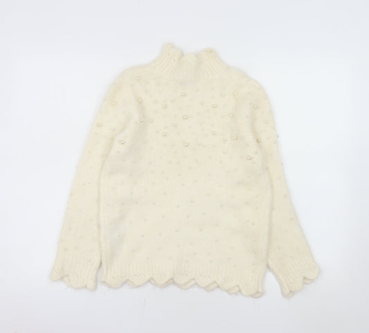 ZARA Women's Ivory Beaded Mock Neck Knit Jumper Size 12