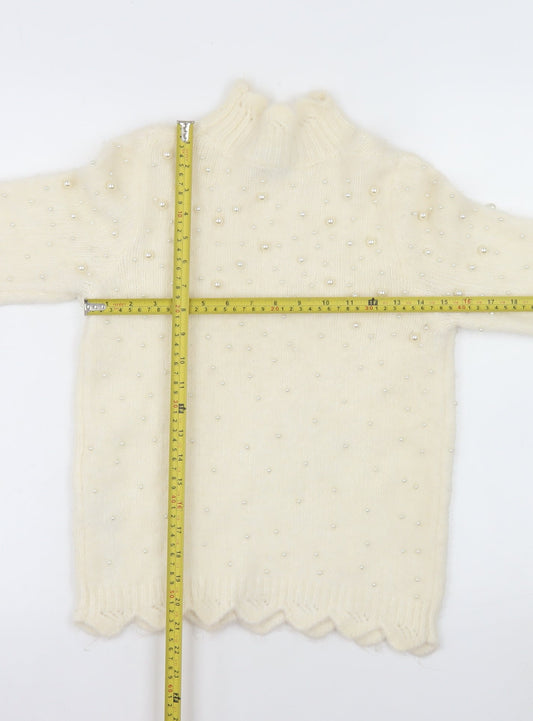 ZARA Women's Ivory Beaded Mock Neck Knit Jumper Size 12