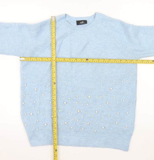 Wallis Women's Blue Beaded Knit Crew Neck Pullover Jumper Size S