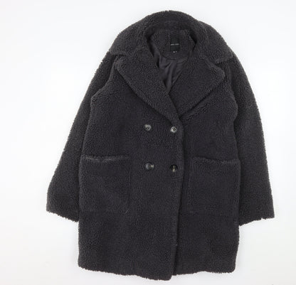 New Look Women's Black Teddy Coat Size 8 Double Breasted Mid-Length