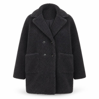 New Look Women's Black Teddy Coat Size 8 Double Breasted Mid-Length