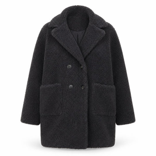 New Look Women's Black Teddy Coat Size 8 Double Breasted Mid-Length