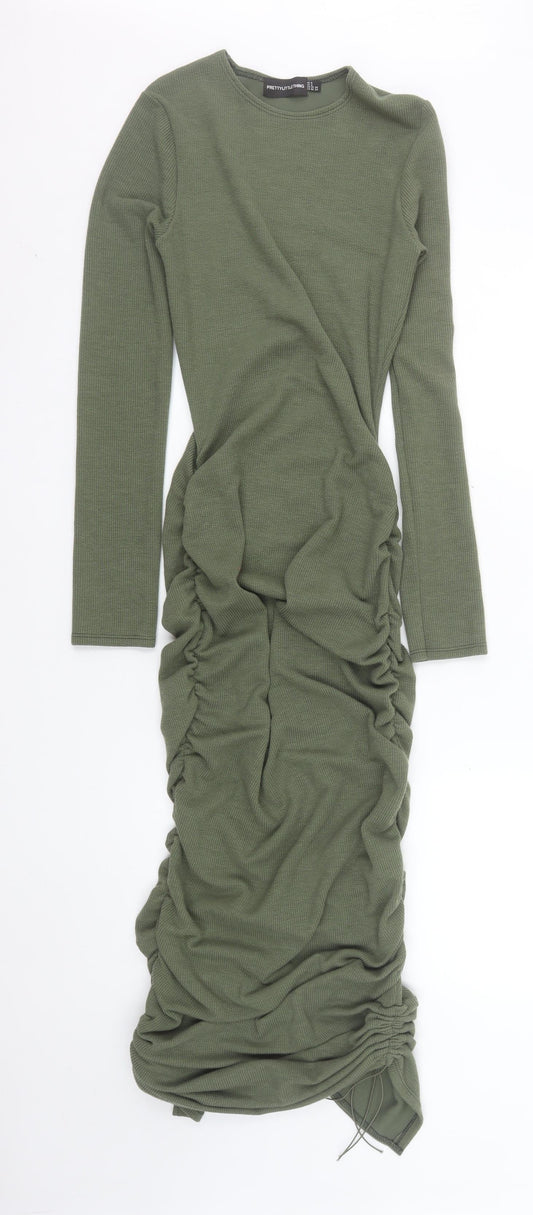 PrettyLittleThing Women’s Green Long Sleeve Ruched Bodycon Midi Dress Size 8