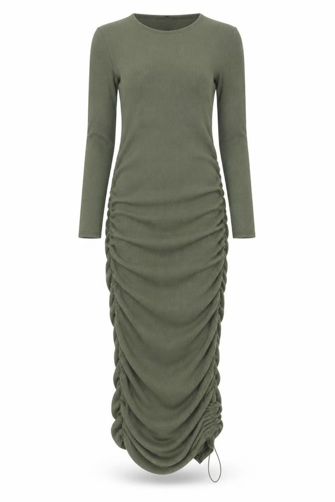 PRETTYLITTLETHING Women’s Green Long Sleeve Ruched Bodycon Midi Dress Size 8