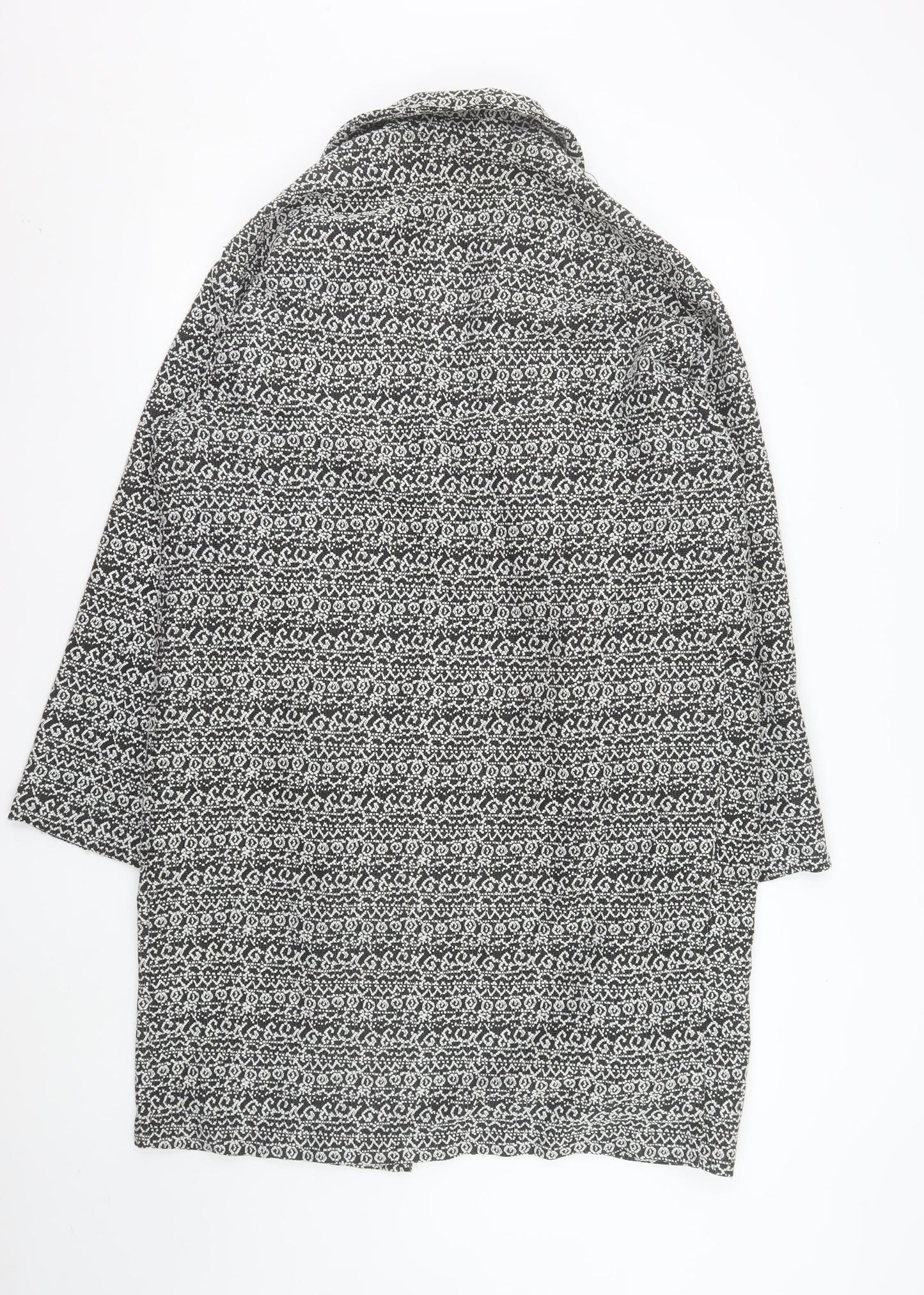 Topshop Women's Black Geometric Coatigan Size 14 Open Front Mid-Length