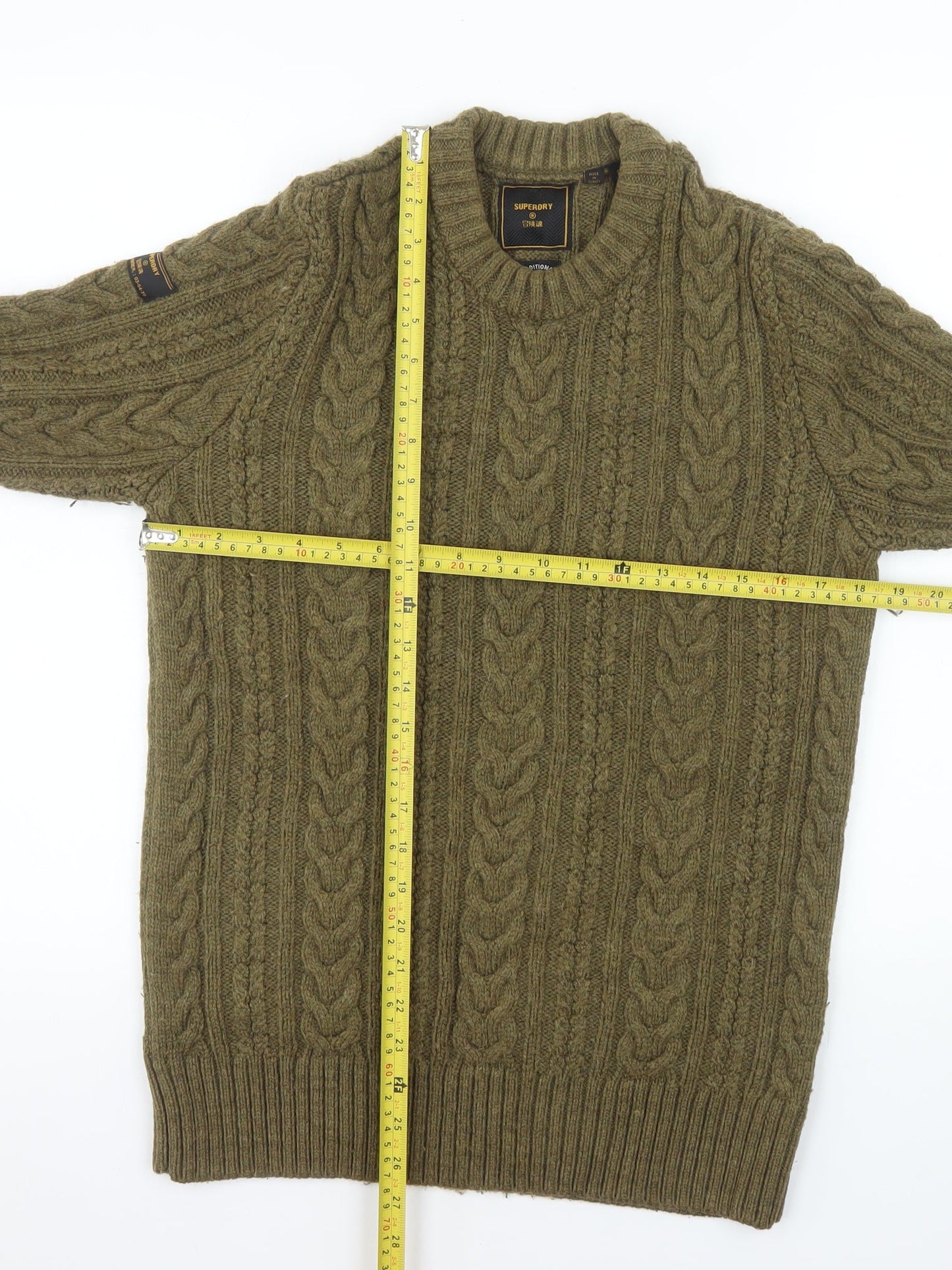 Superdry Men's Green Cable-Knit Wool Jumper Size S
