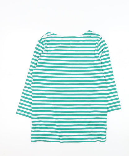 Next Women Green White Striped 3/4 Sleeve Cotton T-Shirt UK 10