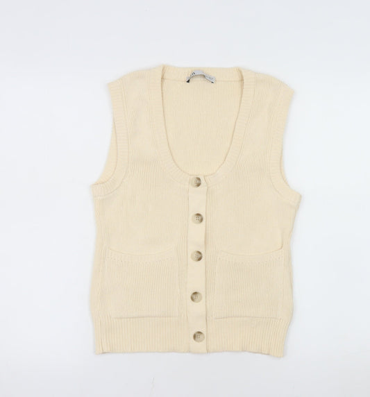 ZARA Women Beige Sleeveless Cardigan Knit Button S