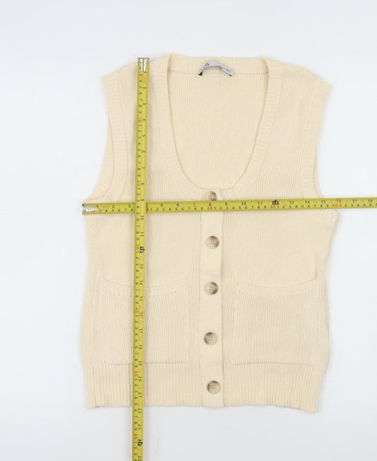 ZARA Women Beige Sleeveless Cardigan Knit Button S
