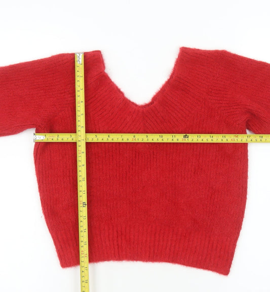 H&M Divided Women Red V-Neck Long Sleeve Pullover Jumper Size L