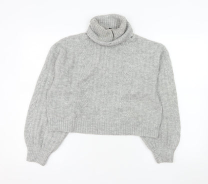 H&M Women’s Grey Roll Neck Cable-Knit Jumper Size S