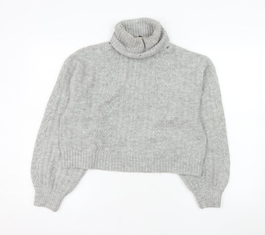 H&M Women’s Grey Roll Neck Cable-Knit Jumper Size S