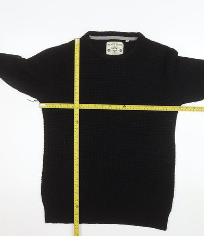 Brave Soul Men's Black Waffle-Knit Crew Neck Pullover Jumper Size S
