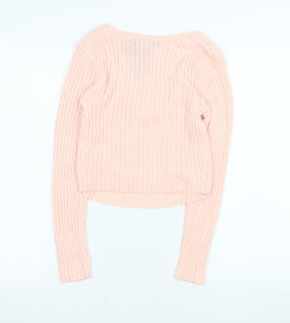 New Look 915 Girls Pink Cropped Ribbed Knit Bow Top Age 10-11 Long Sleeve