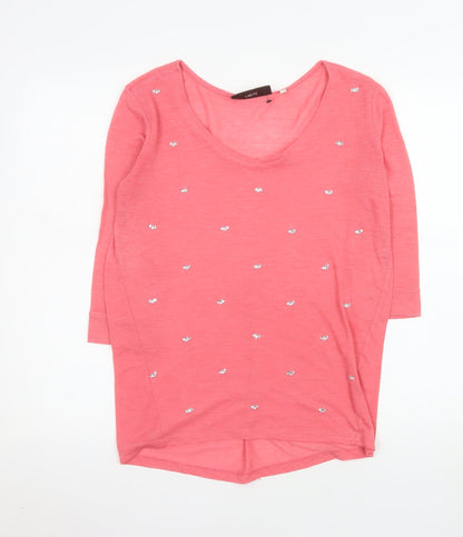 Next Women Pink Beaded 3/4 Sleeve Cotton T-Shirt Size 8